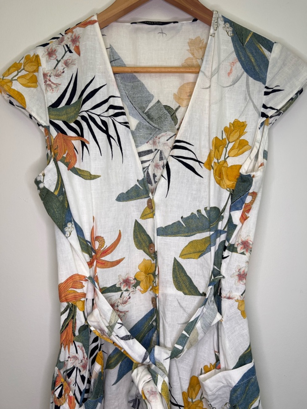 Zara Linen Blend Tropical Floral Wrap Dress Tie Front spring wedding guest dress - Picture 5 of 14